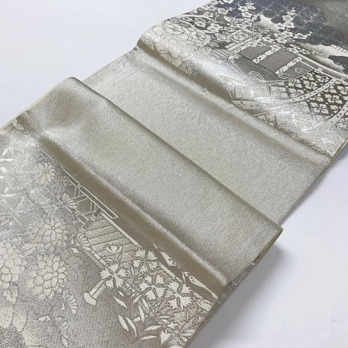 6547# Japanese Vintage Fukuro Obi Belt Kimono Fabric Silk Traditional Silver