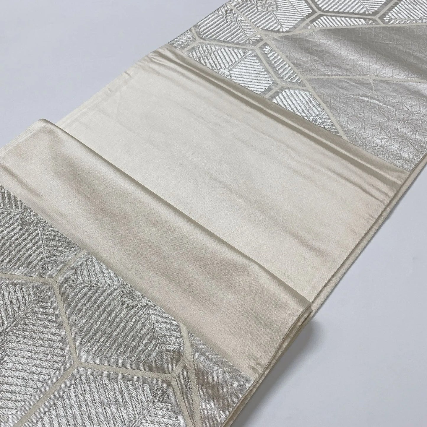 6549# Japanese Vintage Fukuro Obi Belt Kimono Fabric Silk Traditional Silver　