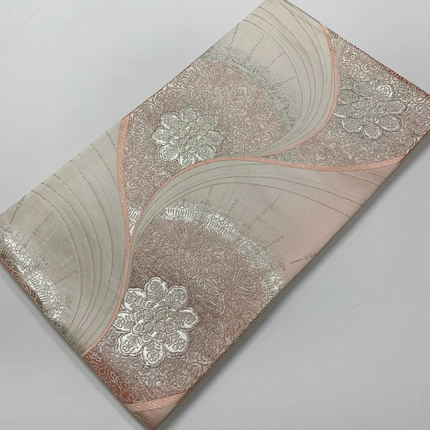 6555# Japanese Vintage Fukuro Obi Belt Kimono Fabric Silk Traditional Silver 　