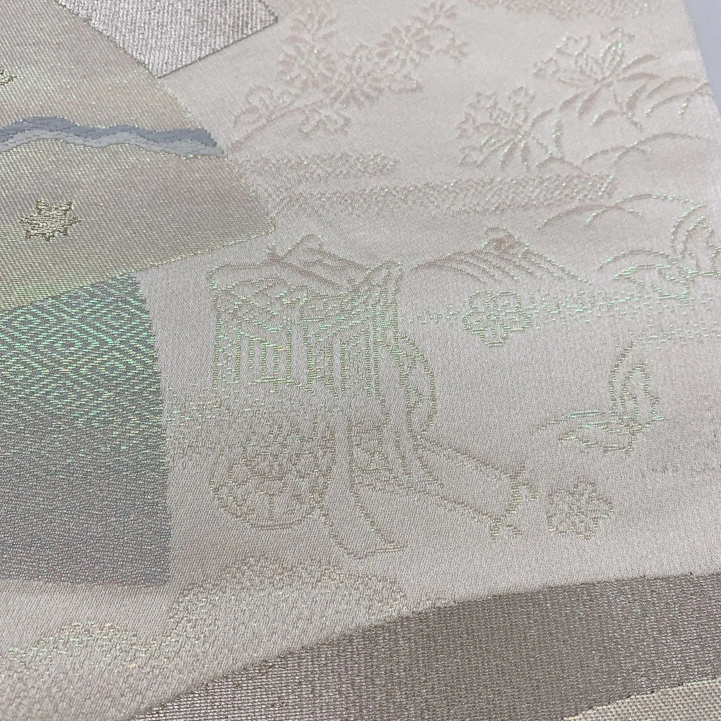 6564# Japanese Vintage Fukuro Obi Belt Kimono Fabric Silk Traditional Silver