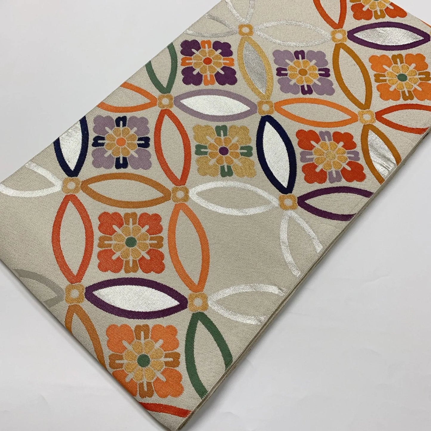 6565# Japanese Vintage Fukuro Obi Belt Kimono Fabric Silk Traditional Silver　