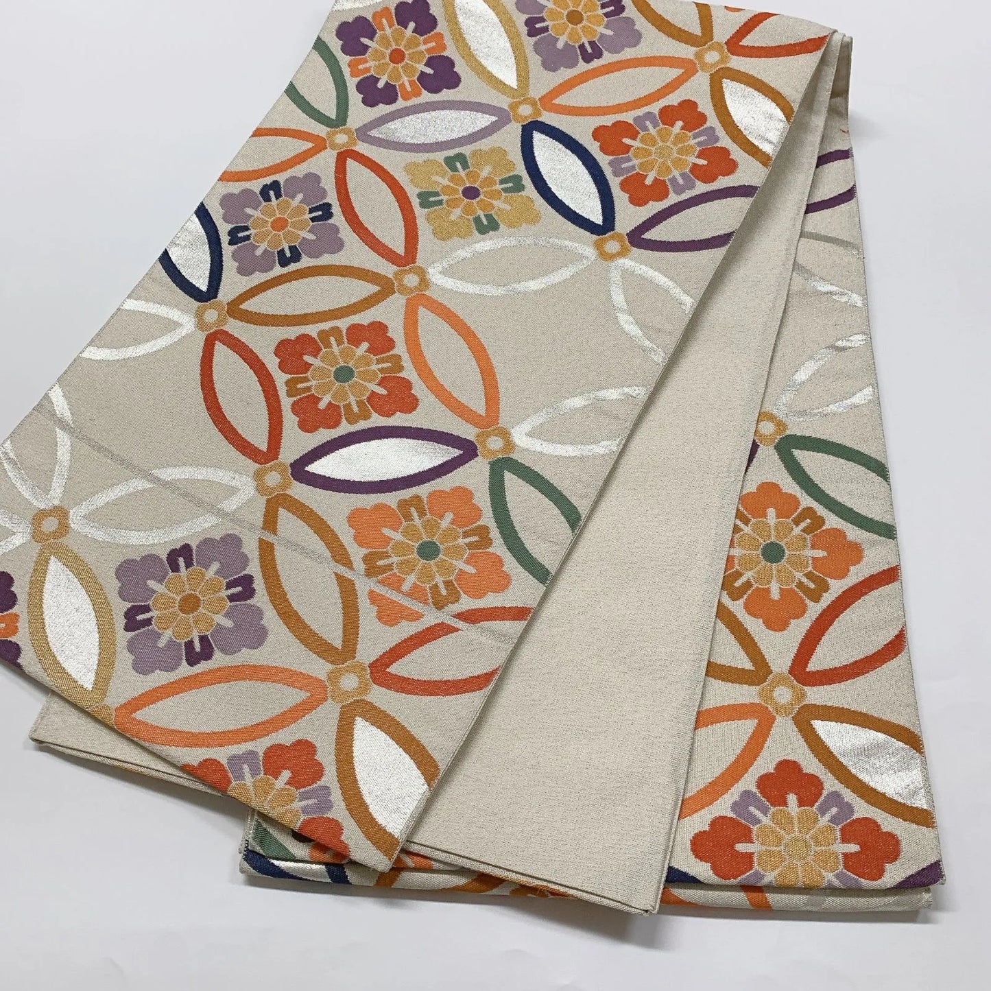 6565# Japanese Vintage Fukuro Obi Belt Kimono Fabric Silk Traditional Silver　