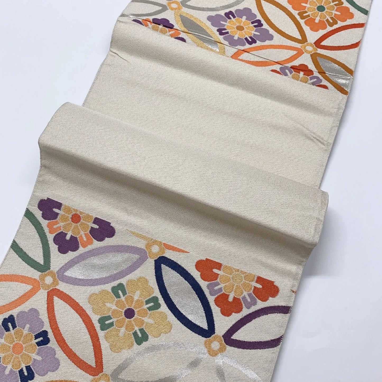 6565# Japanese Vintage Fukuro Obi Belt Kimono Fabric Silk Traditional Silver　