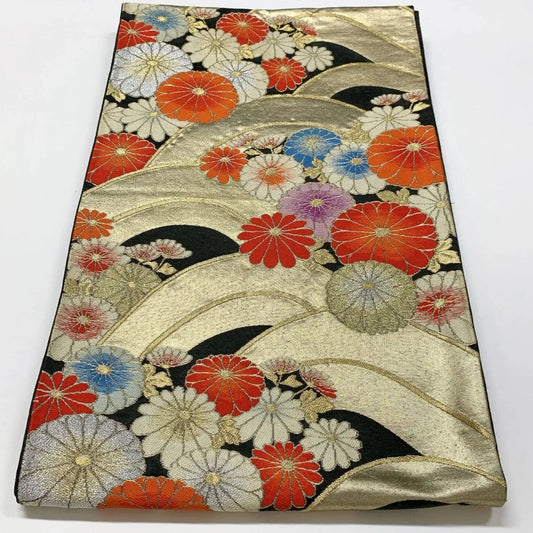 6544# Japanese Vintage Fukuro Obi Belt Kimono Fabric Silk Traditional Black