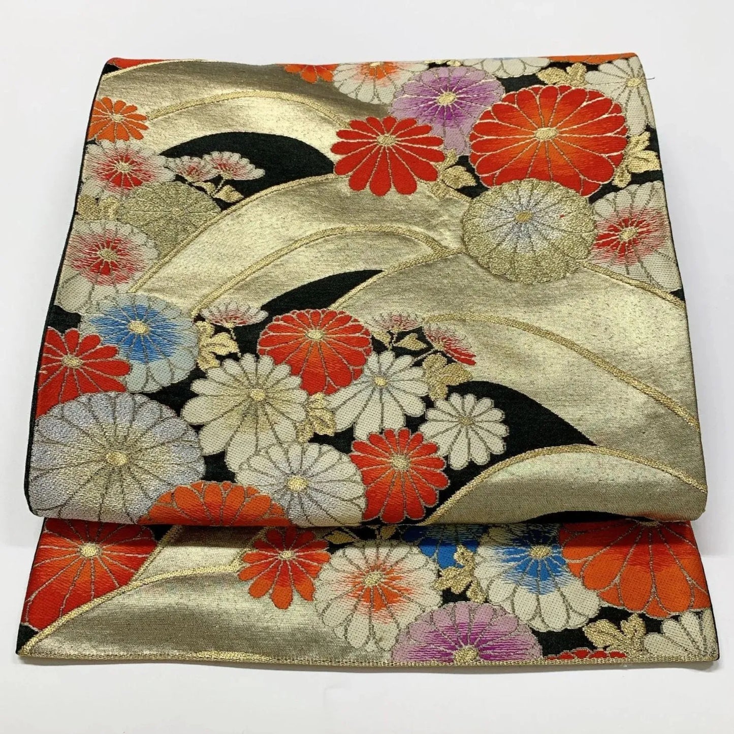 6544# Japanese Vintage Fukuro Obi Belt Kimono Fabric Silk Traditional Black