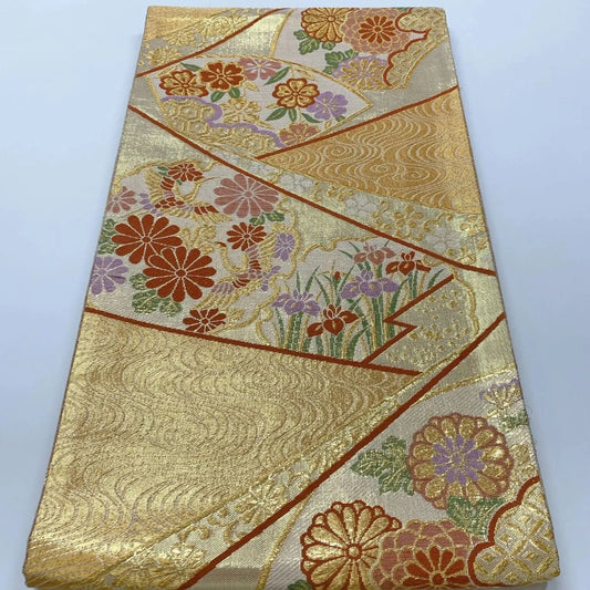 6545# Japanese Vintage Fukuro Obi Belt Kimono Fabric Silk Traditional Gold