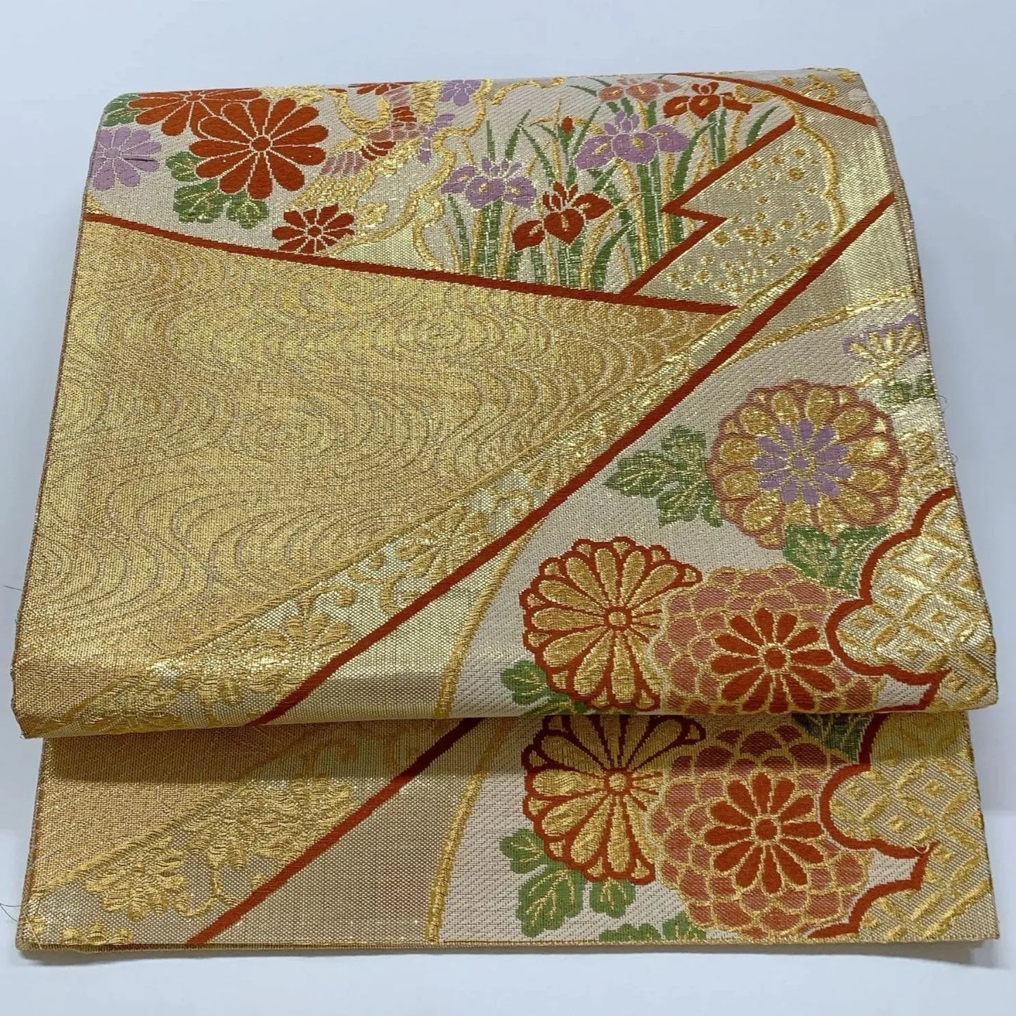 6545# Japanese Vintage Fukuro Obi Belt Kimono Fabric Silk Traditional Gold