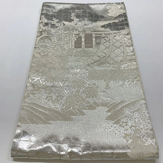 6547# Japanese Vintage Fukuro Obi Belt Kimono Fabric Silk Traditional Silver