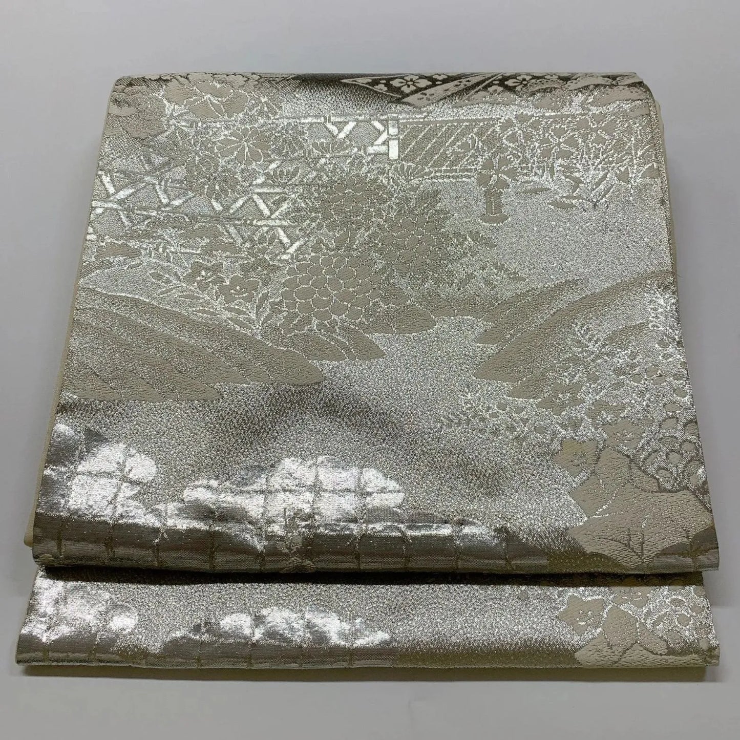6547# Japanese Vintage Fukuro Obi Belt Kimono Fabric Silk Traditional Silver