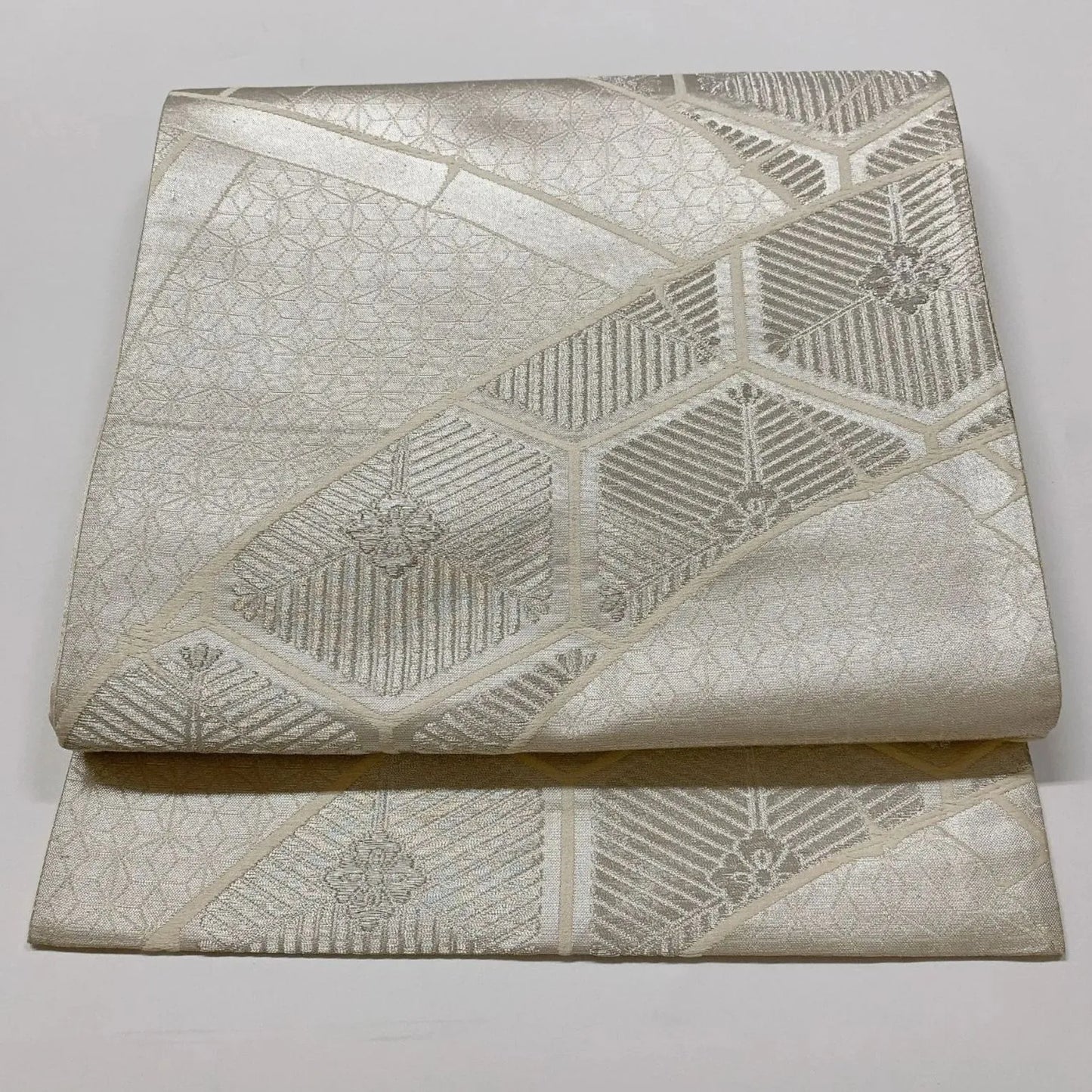 6549# Japanese Vintage Fukuro Obi Belt Kimono Fabric Silk Traditional Silver　