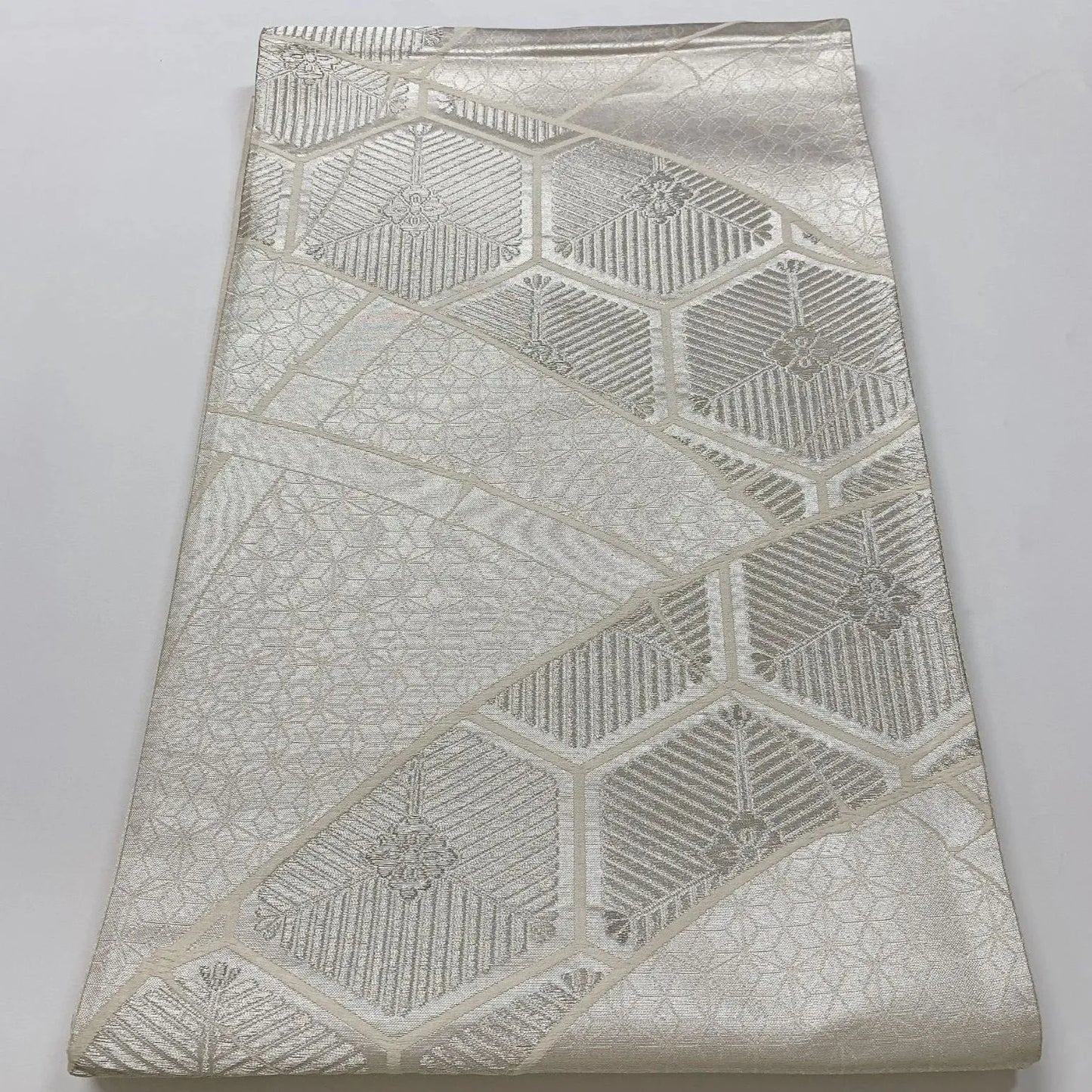 6549# Japanese Vintage Fukuro Obi Belt Kimono Fabric Silk Traditional Silver　