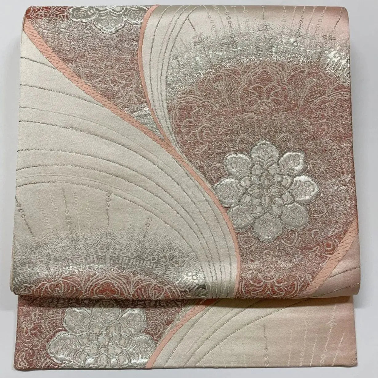 6555# Japanese Vintage Fukuro Obi Belt Kimono Fabric Silk Traditional Silver 　