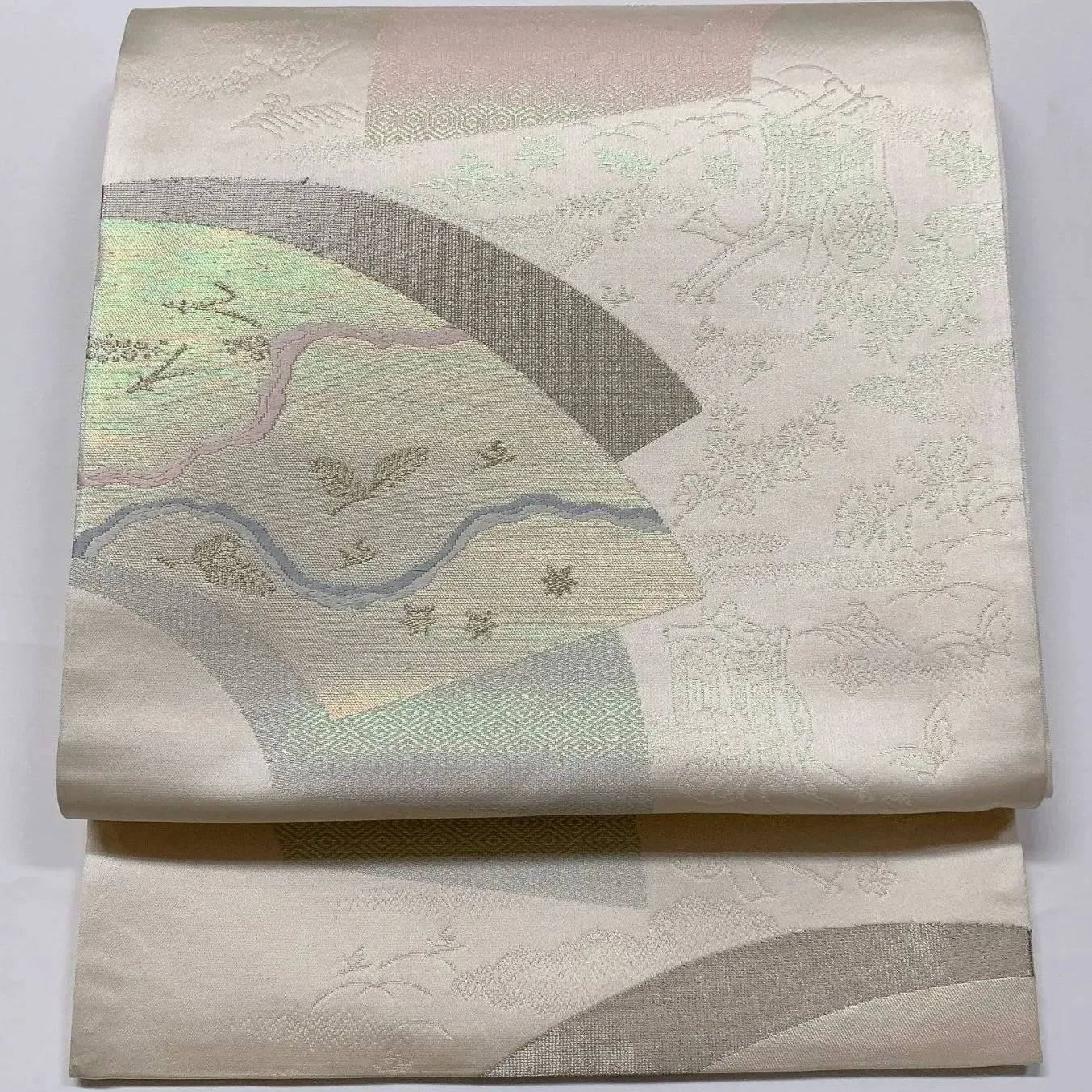 6564# Japanese Vintage Fukuro Obi Belt Kimono Fabric Silk Traditional Silver