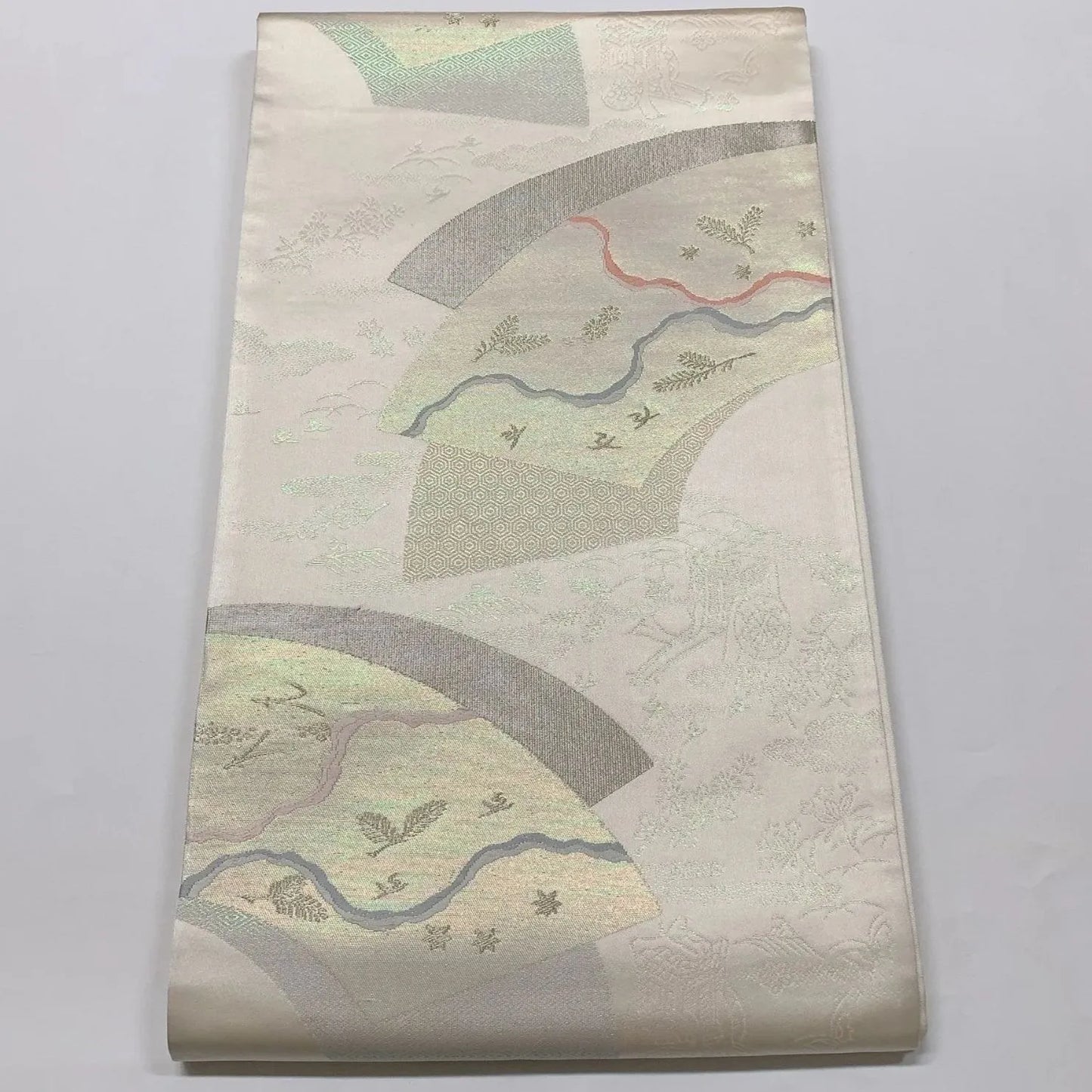 6564# Japanese Vintage Fukuro Obi Belt Kimono Fabric Silk Traditional Silver