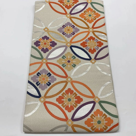 6565# Japanese Vintage Fukuro Obi Belt Kimono Fabric Silk Traditional Silver　