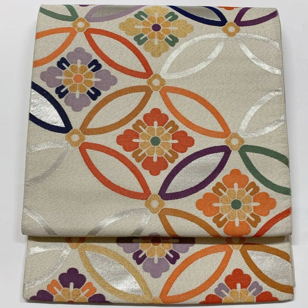 6565# Japanese Vintage Fukuro Obi Belt Kimono Fabric Silk Traditional Silver　