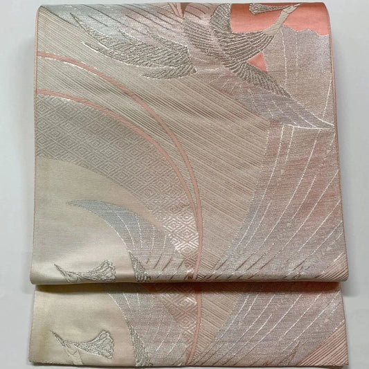 6568# Japanese Vintage Fukuro Obi Belt Kimono Fabric Silk Traditional Silver