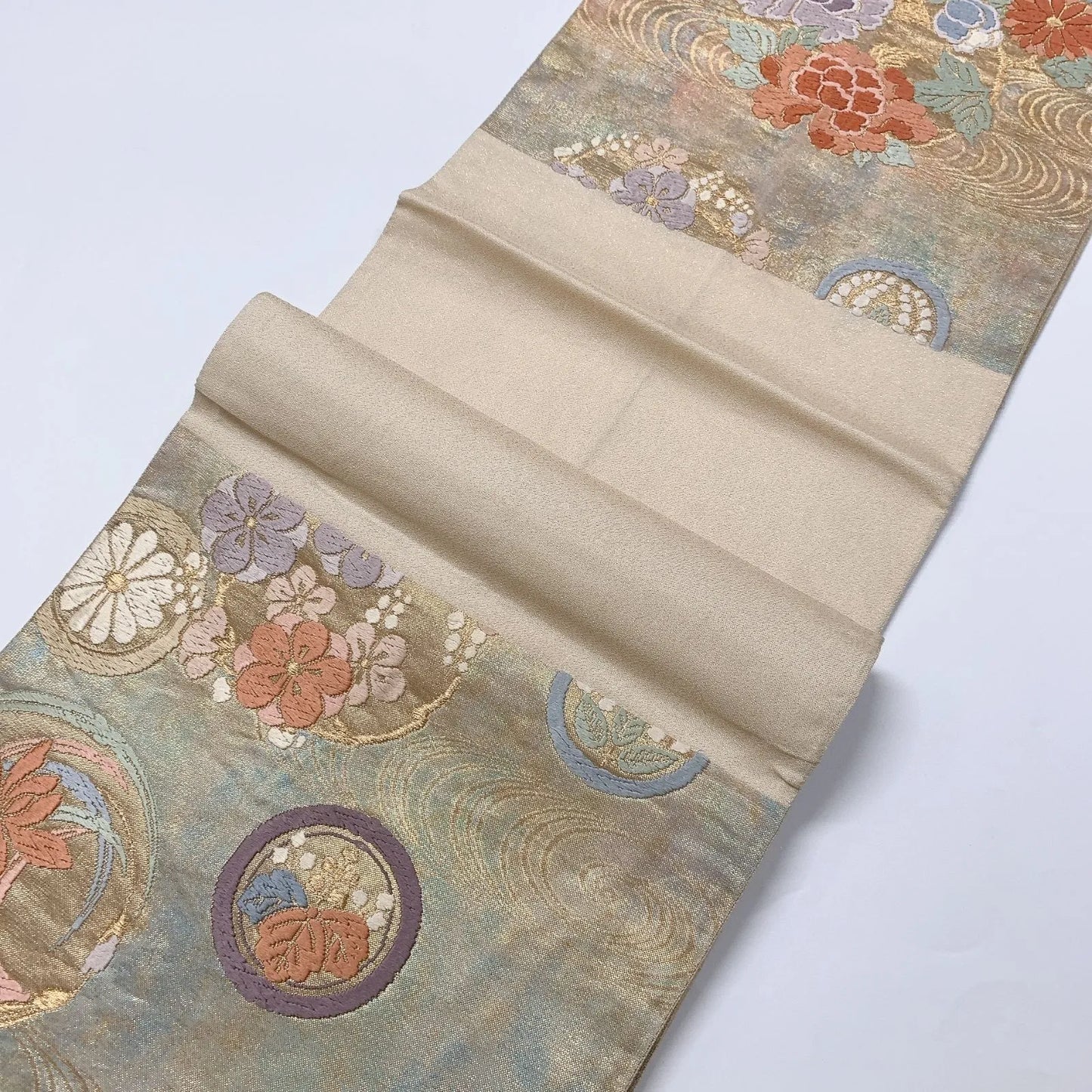 6572# Japanese Vintage Fukuro Obi Belt Kimono Fabric Silk Traditional Embroidery