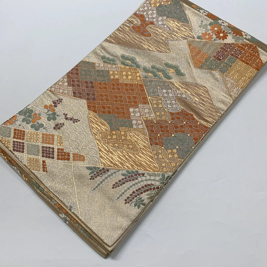 6573# Japanese Vintage Fukuro Obi Belt Kimono Fabric Silk Traditional Gold