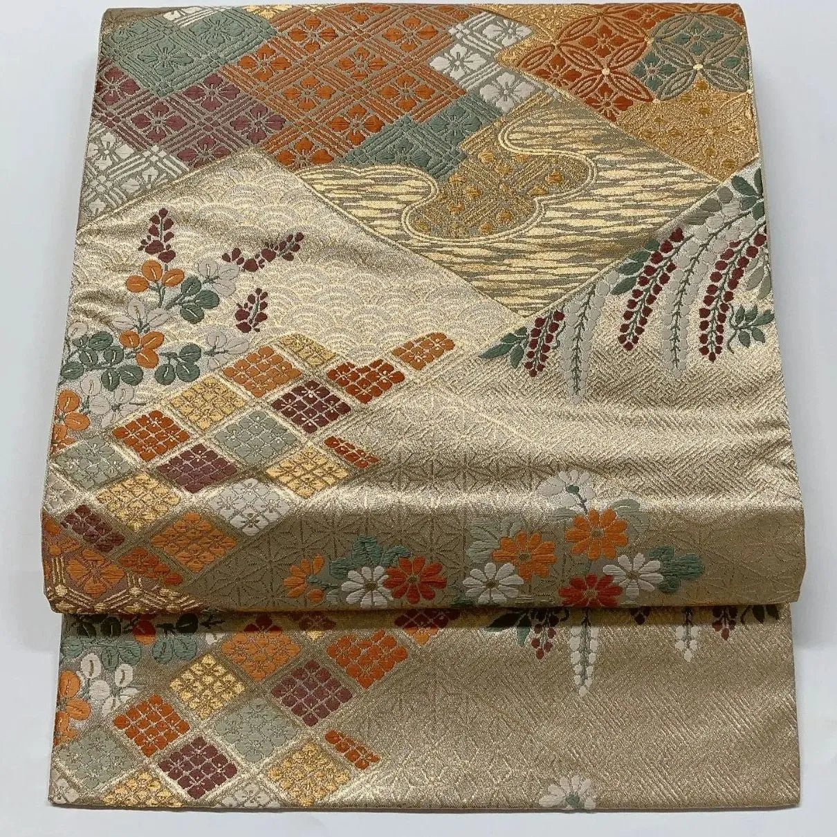 6573# Japanese Vintage Fukuro Obi Belt Kimono Fabric Silk Traditional Gold