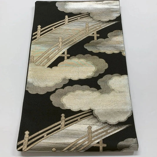 6578# Japanese Vintage Fukuro Obi Belt Kimono Fabric Silk Traditional Black