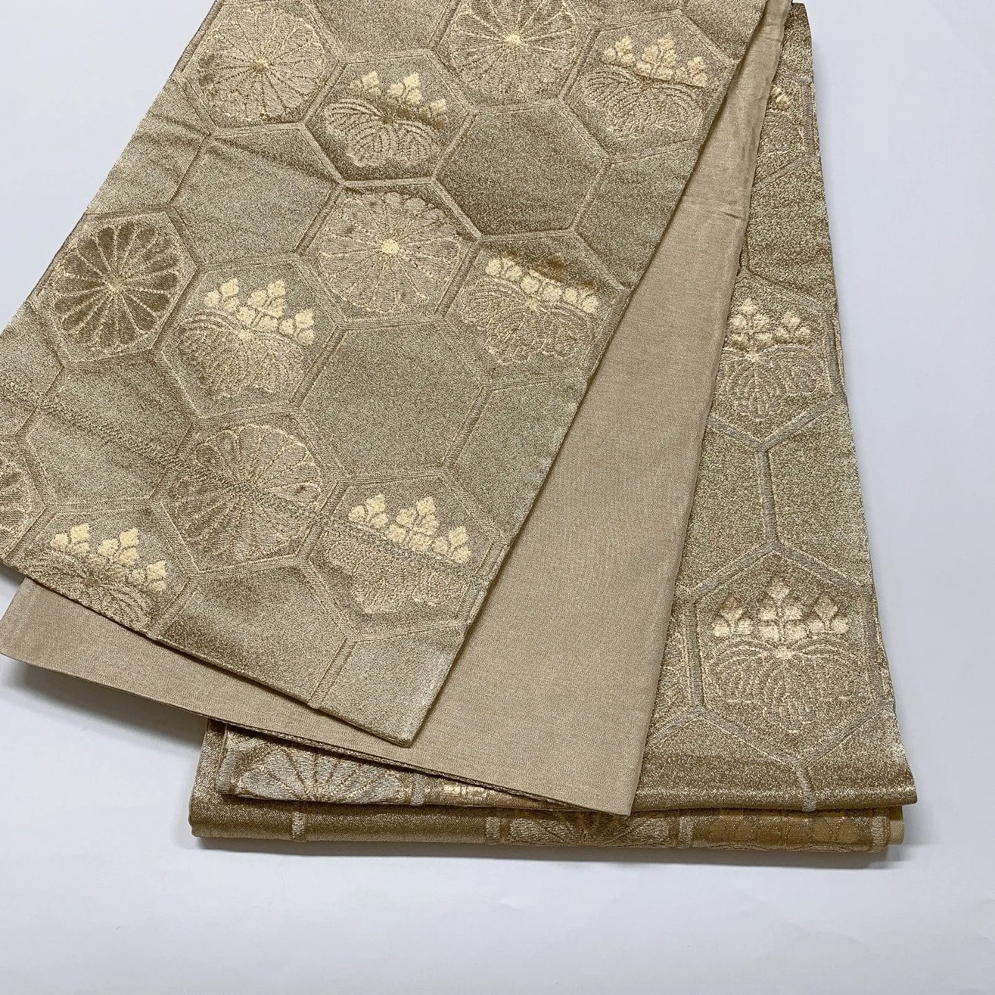 6583# Japanese Vintage Fukuro Obi Belt Kimono Fabric Silk Traditional Gold