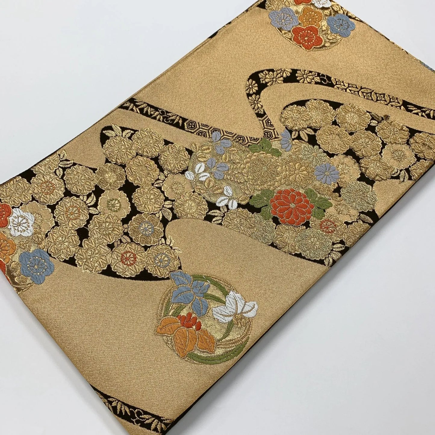 6588# Japanese Vintage Fukuro Obi Belt Kimono Fabric Silk Traditional Gold