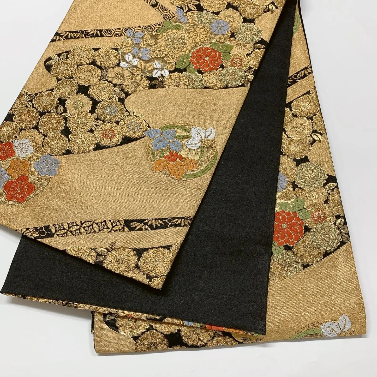 6588# Japanese Vintage Fukuro Obi Belt Kimono Fabric Silk Traditional Gold