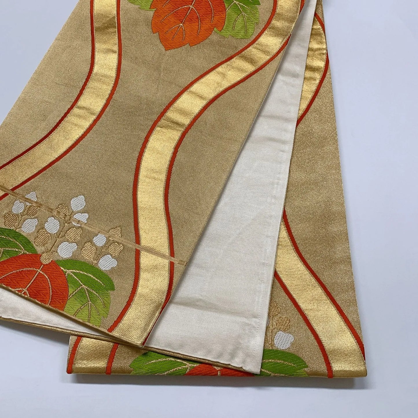 6595# Japanese Vintage Fukuro Obi Belt Kimono Fabric Silk Traditional Gold