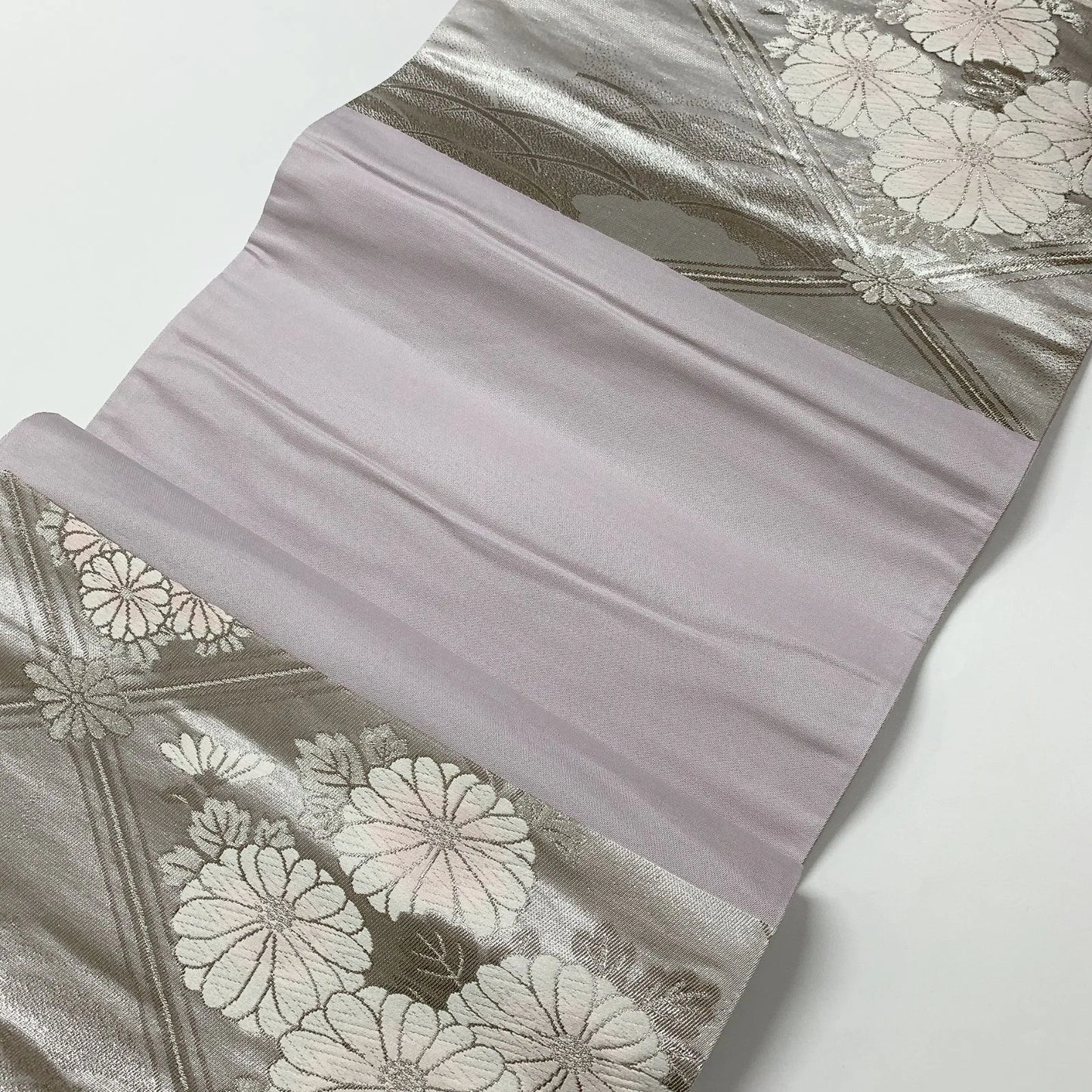 6598# Japanese Vintage Fukuro Obi Belt Kimono Fabric Silk Traditional Silver