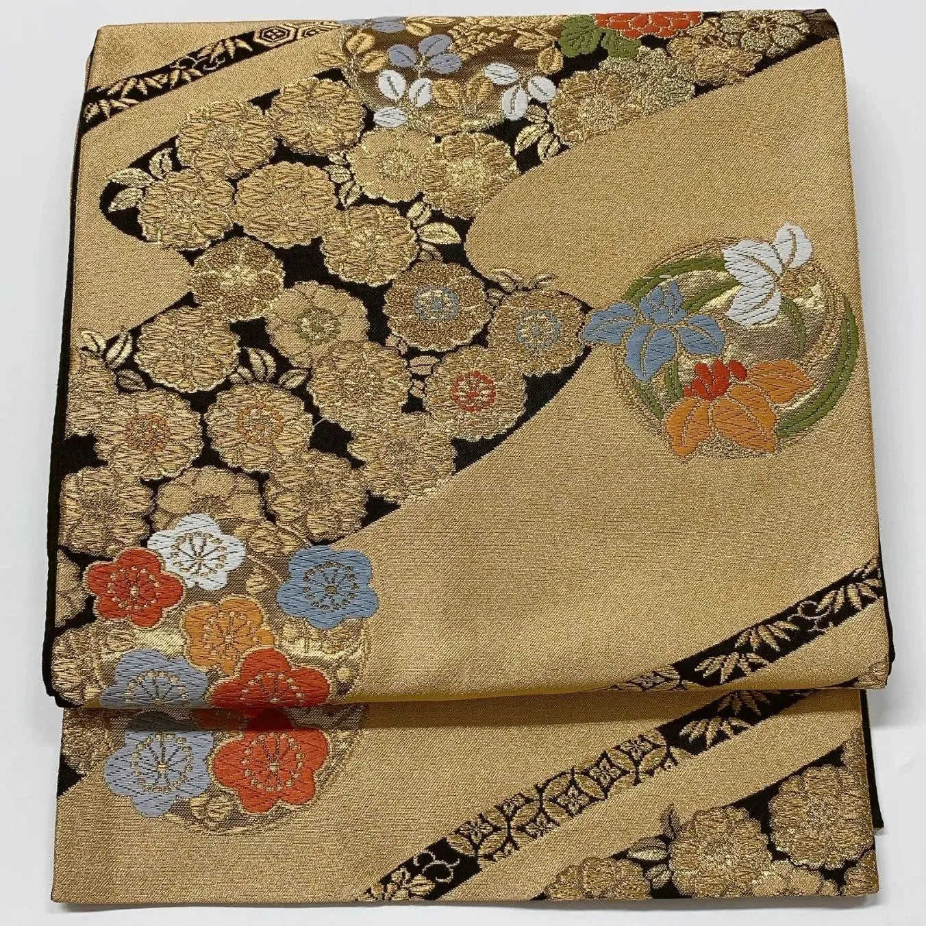 6588# Japanese Vintage Fukuro Obi Belt Kimono Fabric Silk Traditional Gold