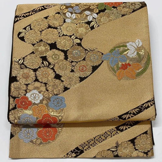 6588# Japanese Vintage Fukuro Obi Belt Kimono Fabric Silk Traditional Gold