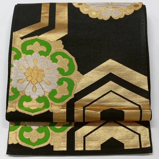 6592# Japanese Vintage Fukuro Obi Belt Kimono Fabric Silk Traditional Black　