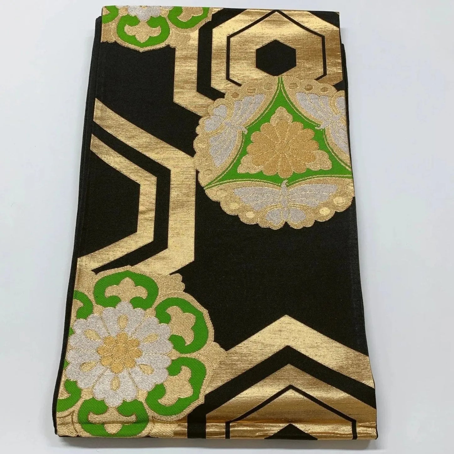 6592# Japanese Vintage Fukuro Obi Belt Kimono Fabric Silk Traditional Black　