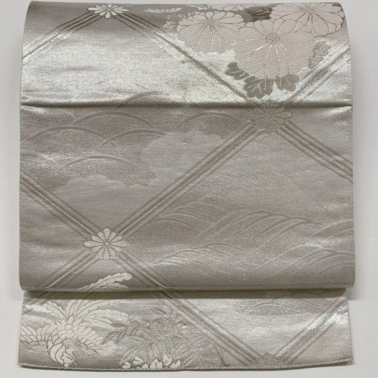 6598# Japanese Vintage Fukuro Obi Belt Kimono Fabric Silk Traditional Silver