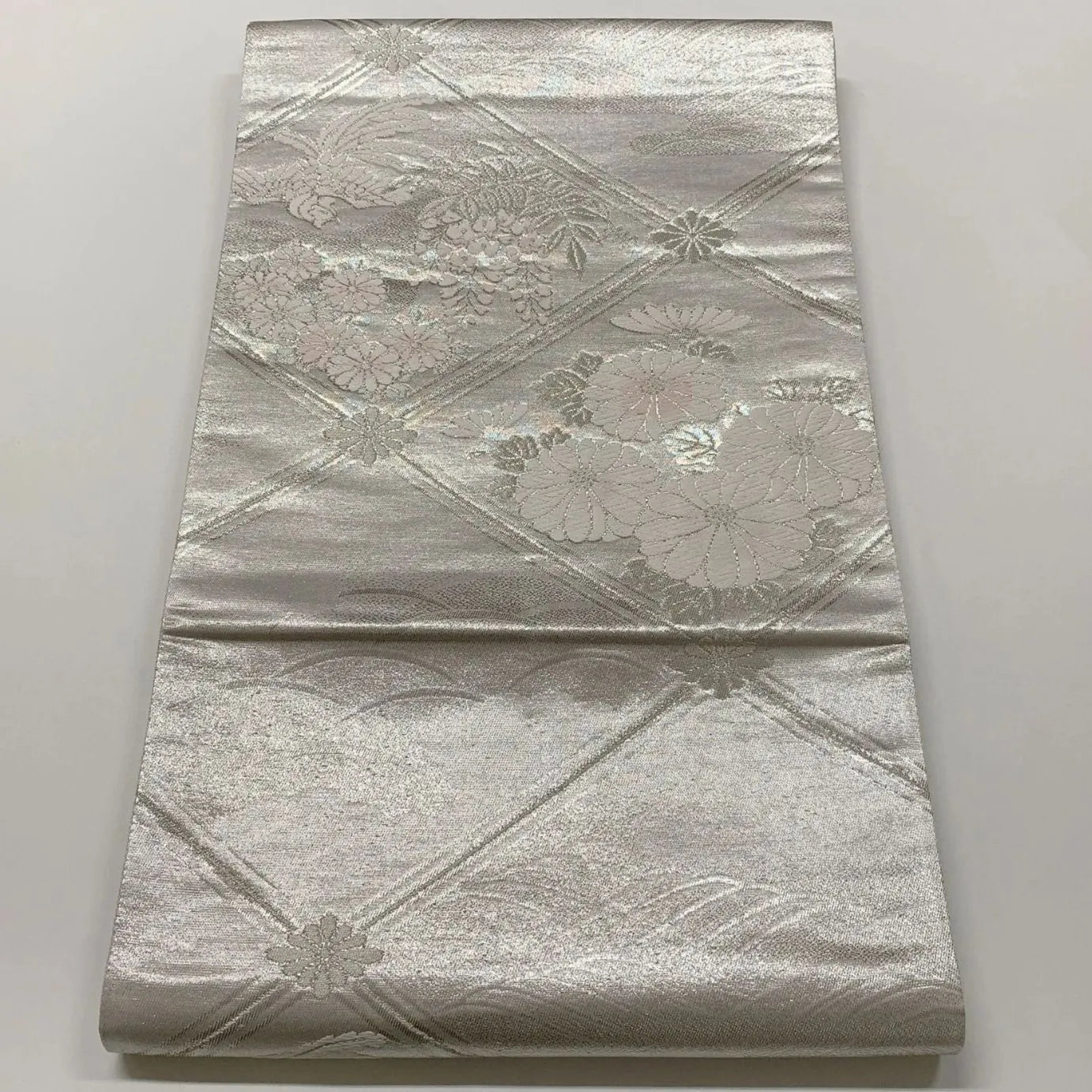 6598# Japanese Vintage Fukuro Obi Belt Kimono Fabric Silk Traditional Silver