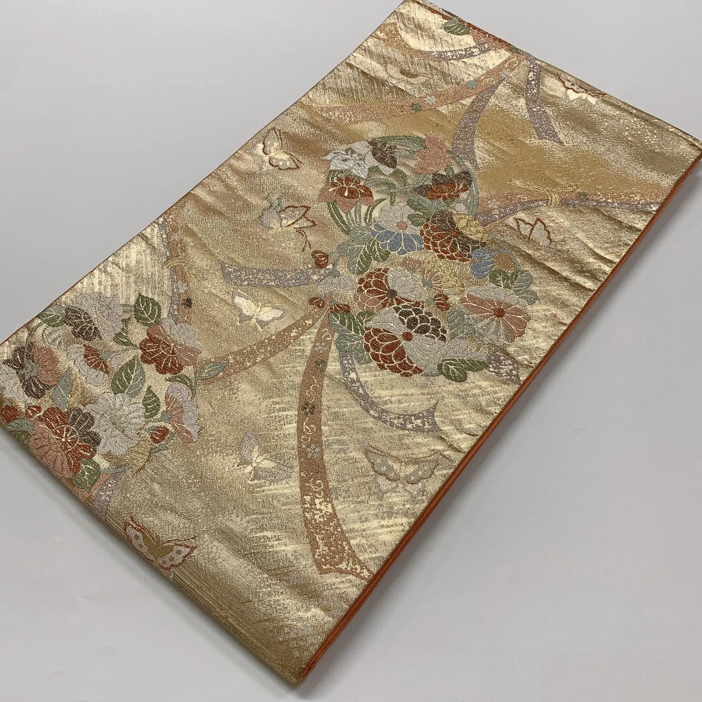 6612# Japanese Vintage Fukuro Obi Belt Kimono Fabric Silk Traditional Gold