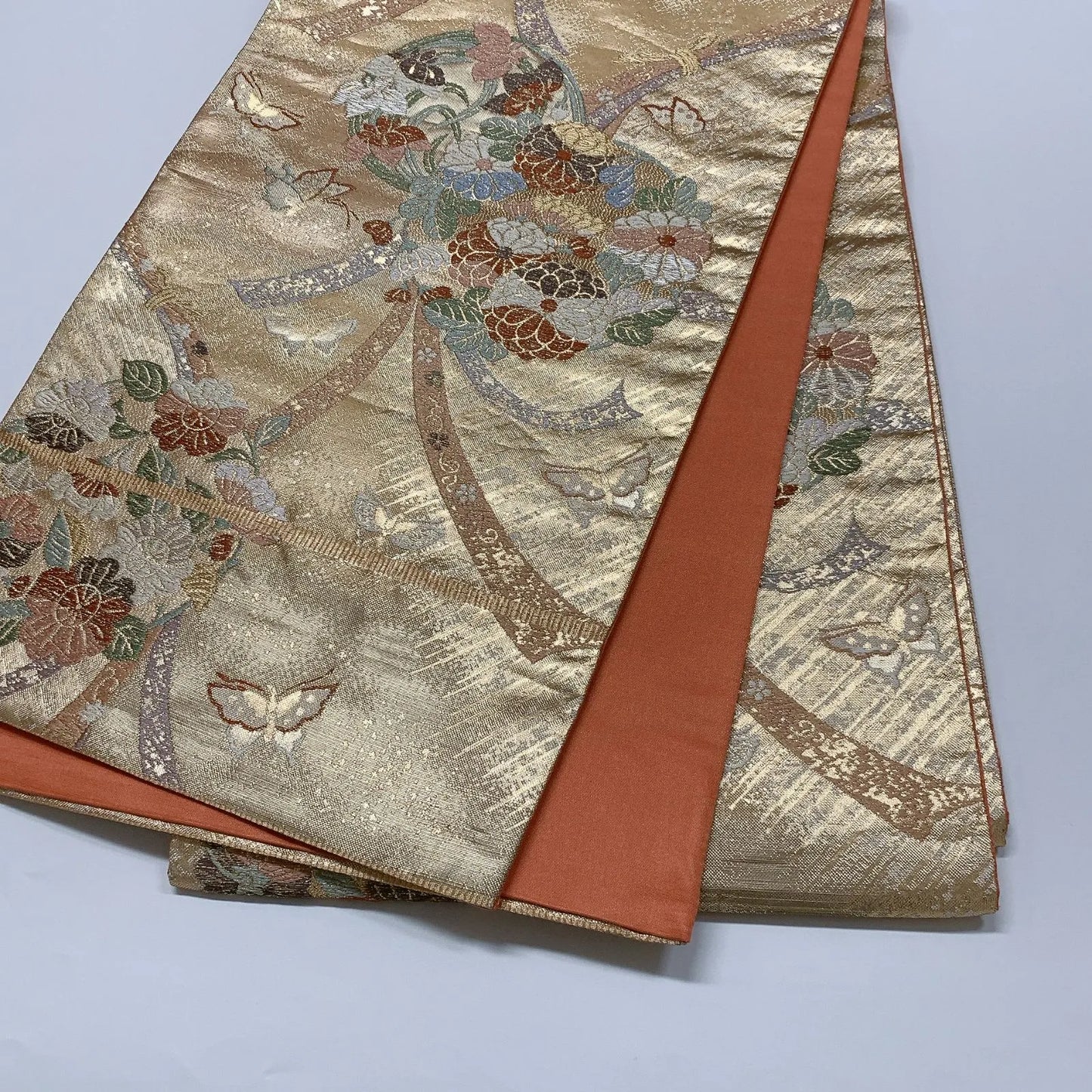 6612# Japanese Vintage Fukuro Obi Belt Kimono Fabric Silk Traditional Gold