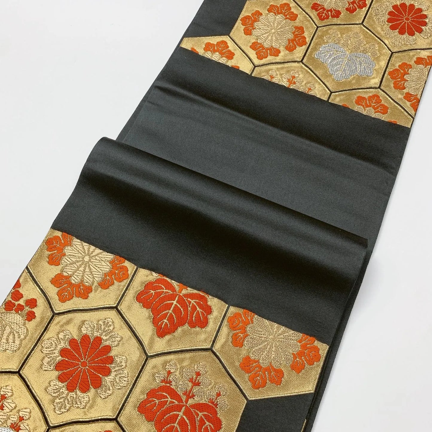 6615# Japanese Vintage Fukuro Obi Belt Kimono Fabric Silk Traditional Black