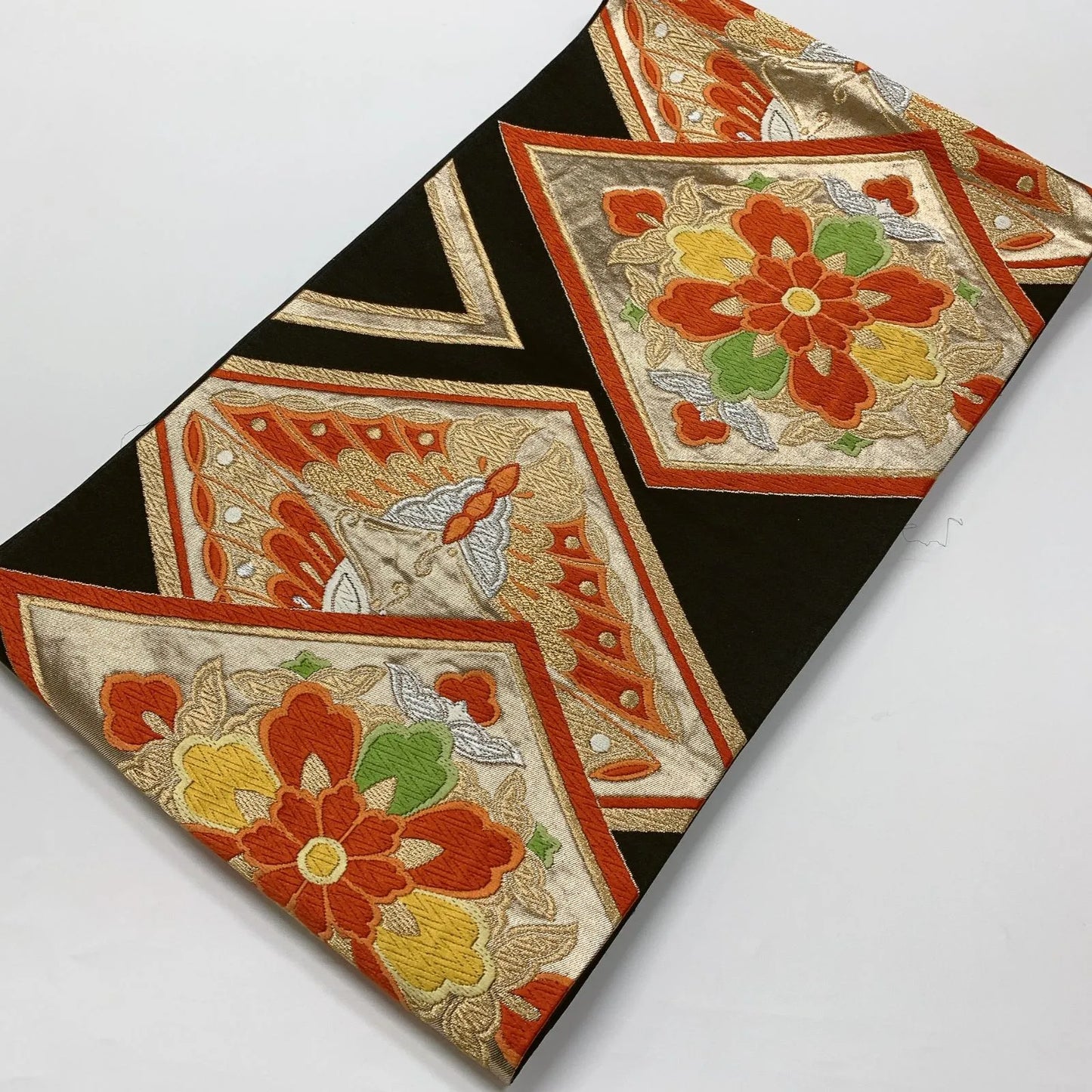 6618# Japanese Vintage Fukuro Obi Belt Kimono Fabric Silk Traditional Black