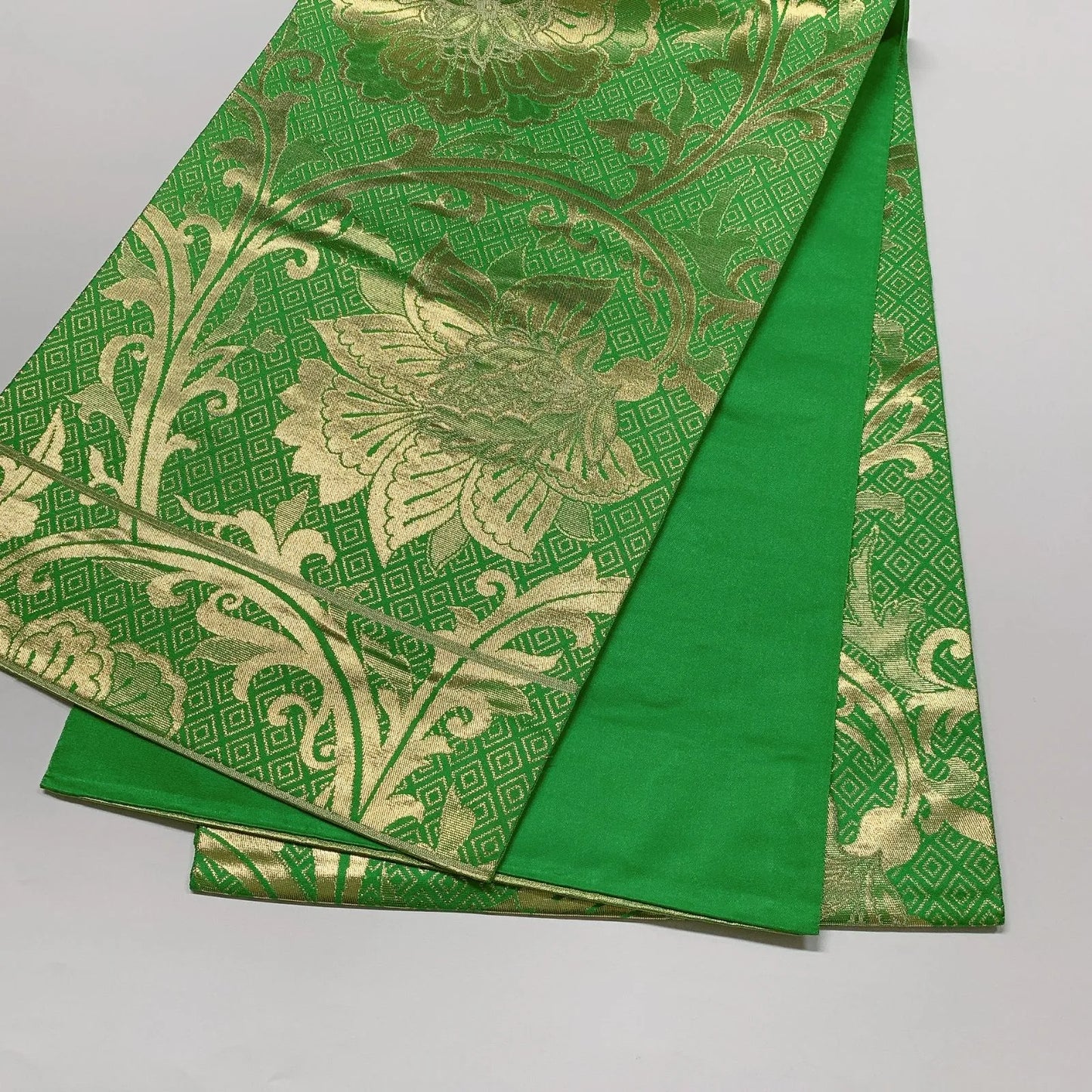 6619# Japanese Vintage Fukuro Obi Belt Kimono Fabric Silk Traditional Green