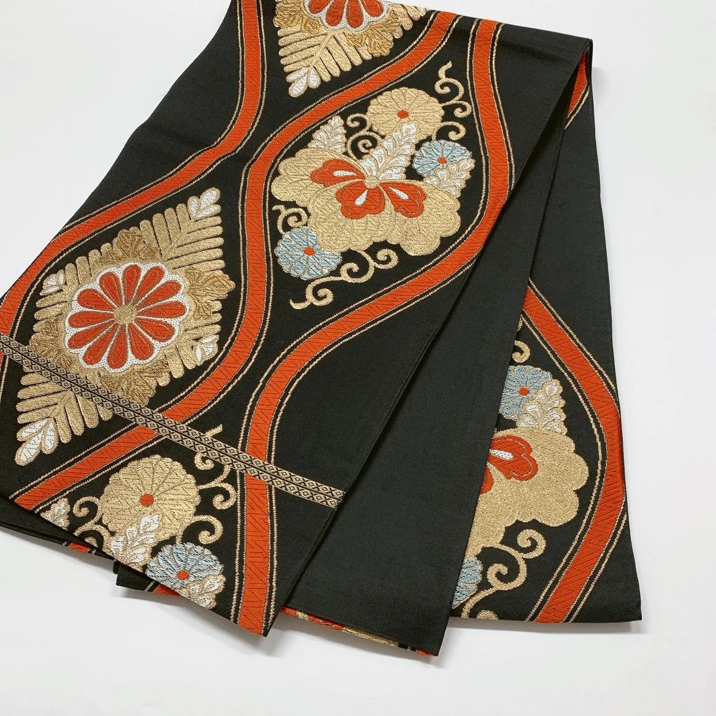 6620# Japanese Vintage Fukuro Obi Belt Kimono Fabric Silk Traditional Black