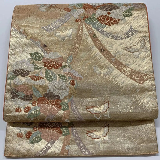 6612# Japanese Vintage Fukuro Obi Belt Kimono Fabric Silk Traditional Gold
