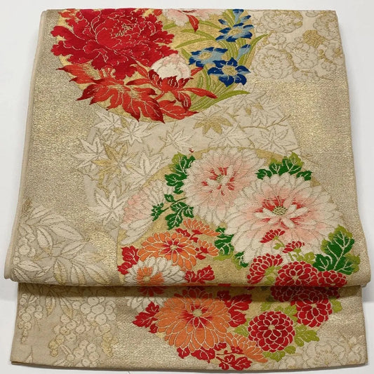 6613# Japanese Vintage Fukuro Obi Belt Kimono Fabric Silk Traditional Embroidery　