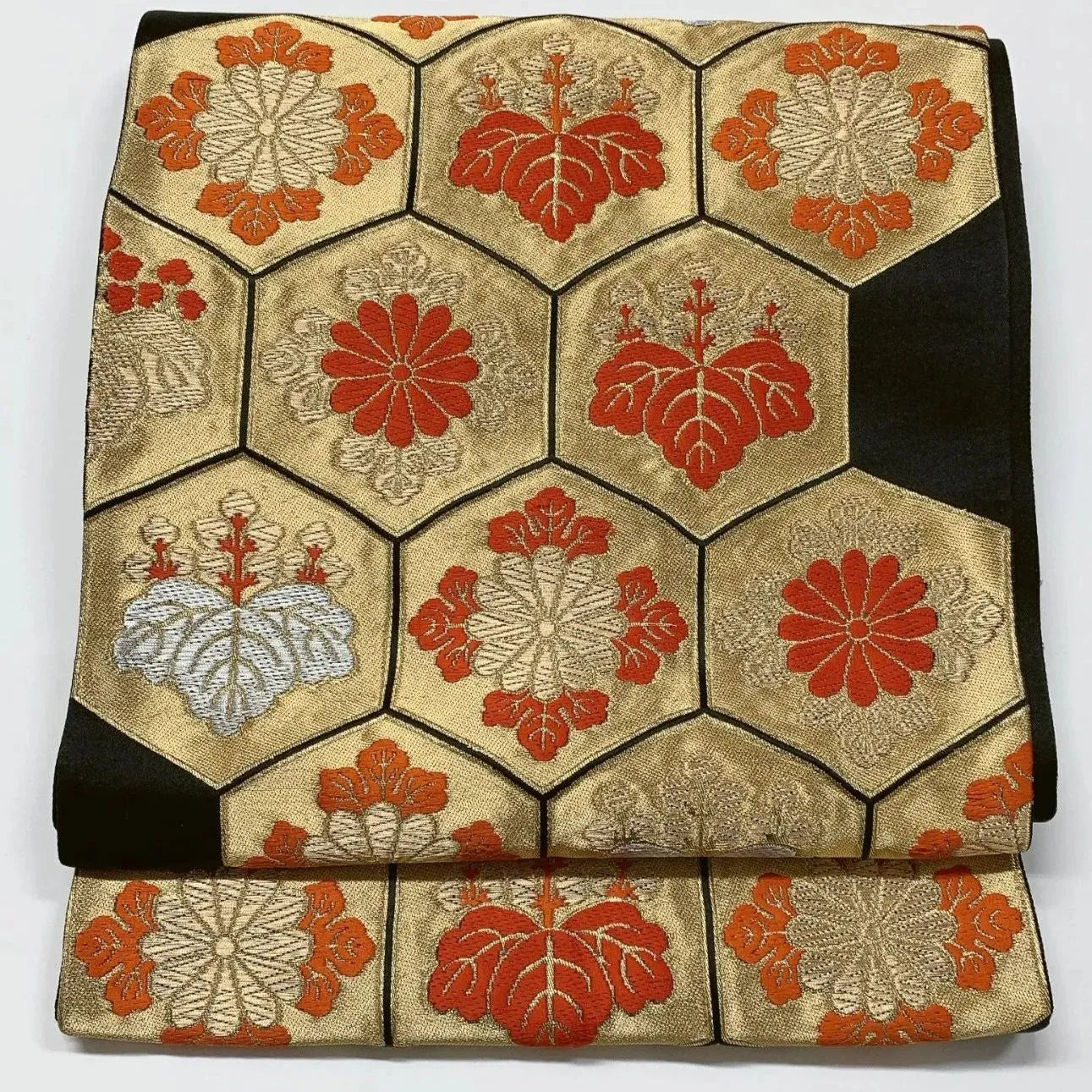 6615# Japanese Vintage Fukuro Obi Belt Kimono Fabric Silk Traditional Black