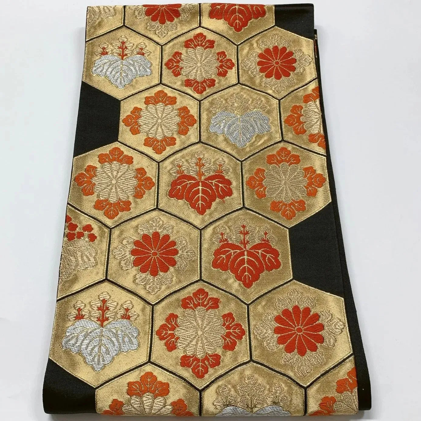 6615# Japanese Vintage Fukuro Obi Belt Kimono Fabric Silk Traditional Black