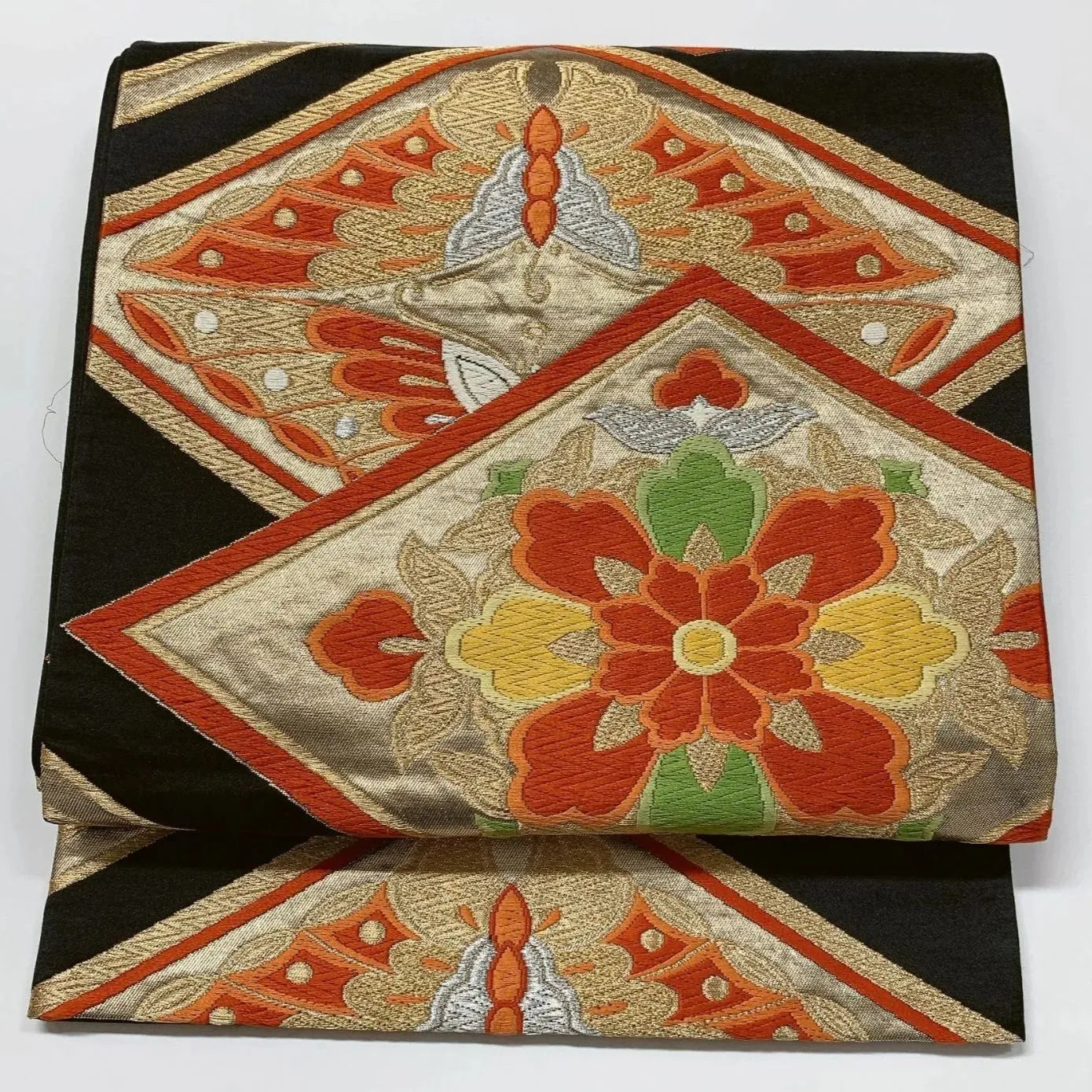 6618# Japanese Vintage Fukuro Obi Belt Kimono Fabric Silk Traditional Black