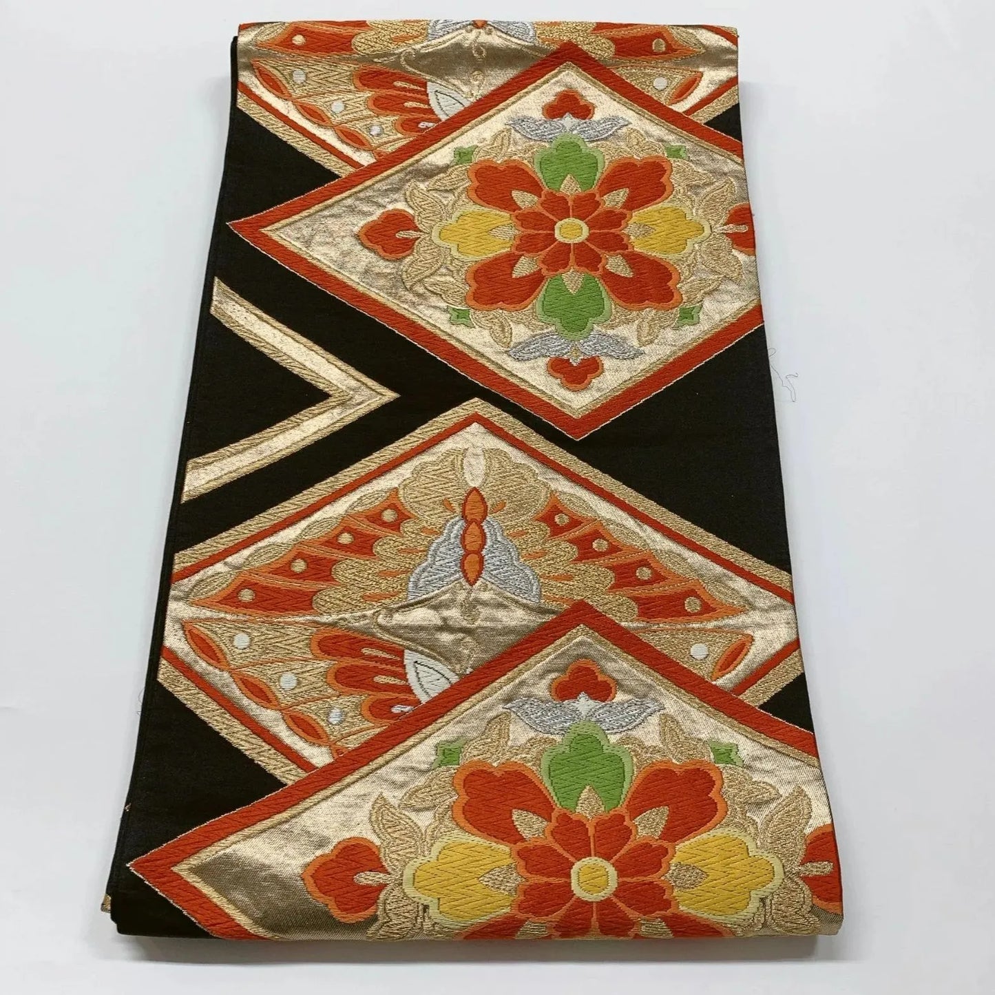 6618# Japanese Vintage Fukuro Obi Belt Kimono Fabric Silk Traditional Black