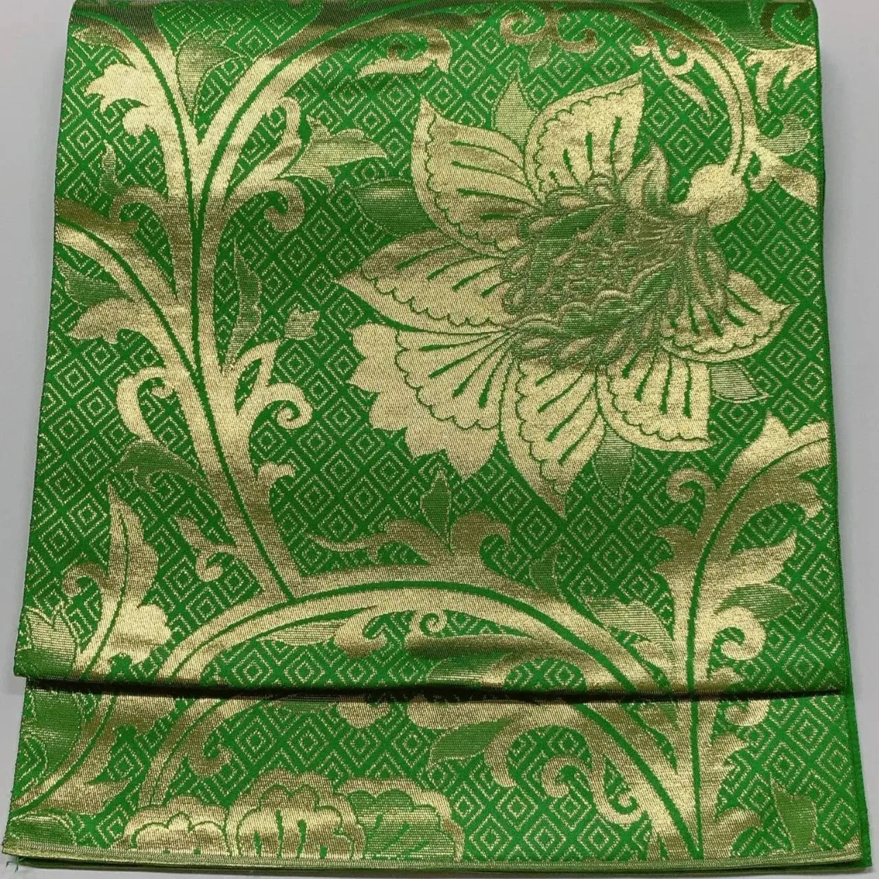 6619# Japanese Vintage Fukuro Obi Belt Kimono Fabric Silk Traditional Green