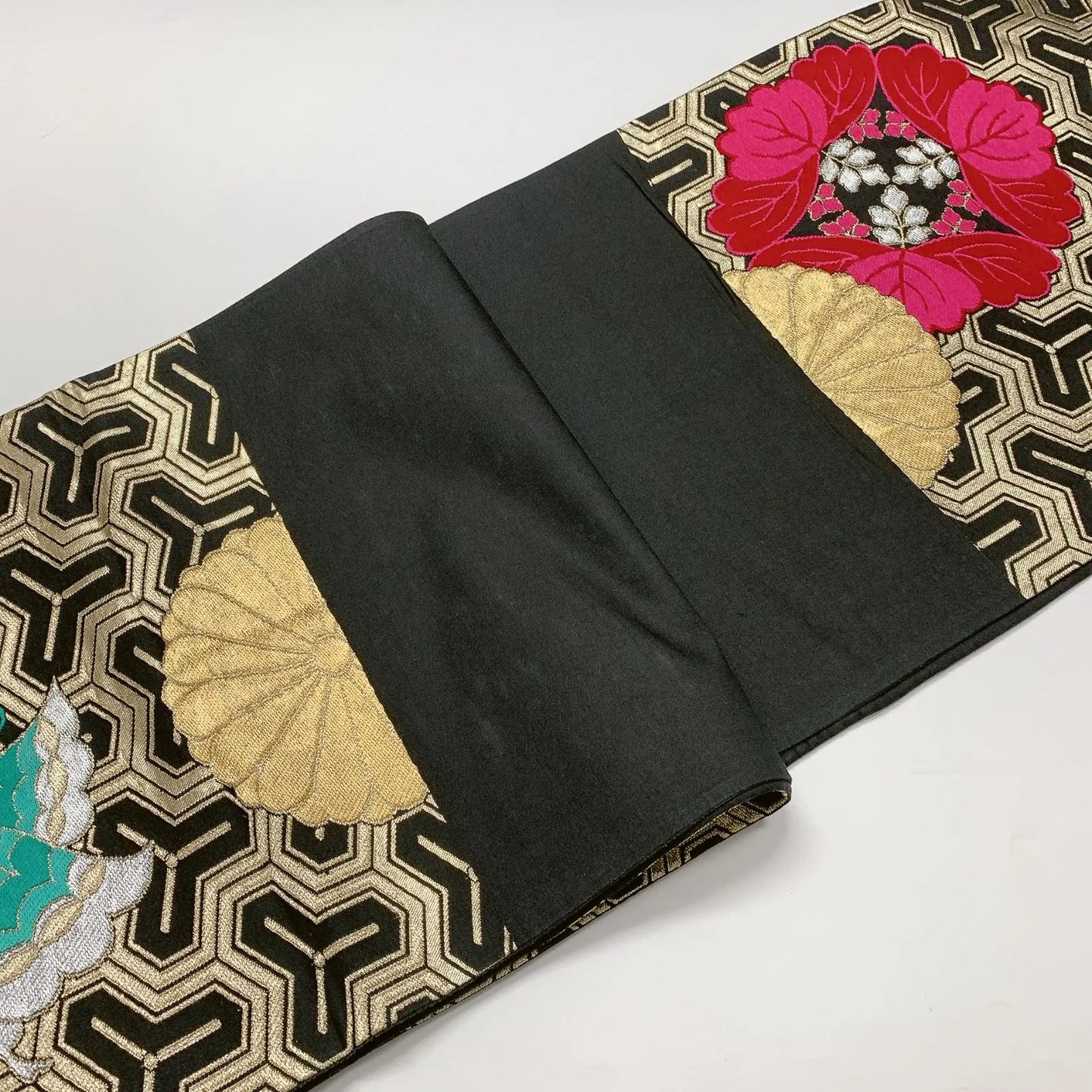 6623# Japanese Vintage Fukuro Obi Belt Kimono Fabric Silk Traditional Black